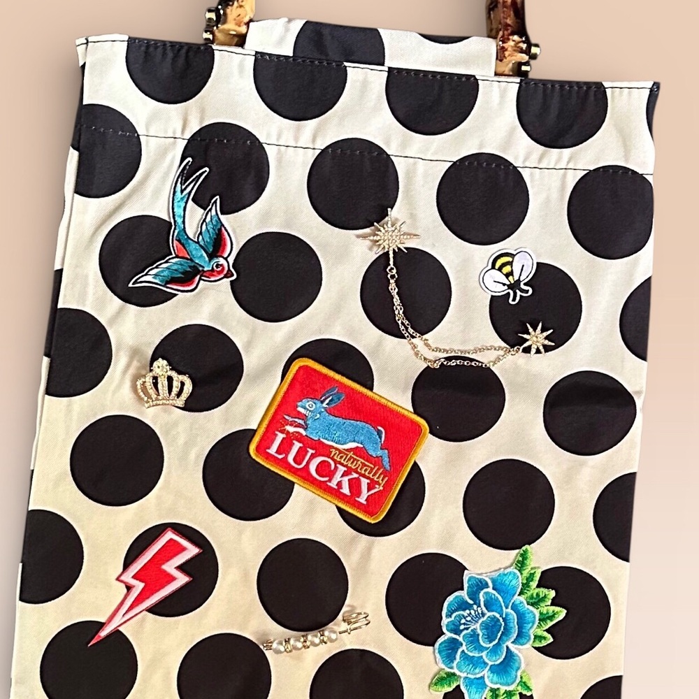 Embellished Polka Dot Tote Bag with Bamboo Handles